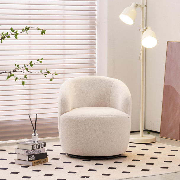 A stylish and comfortable 360° swivel accent chair with soft teddy fabric, ergonomic design, and a durable black metal ring base.
