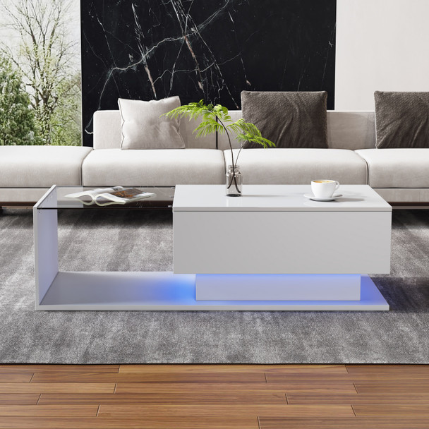 A coffee table with a glass top, storage drawers, and RGB LED lighting.