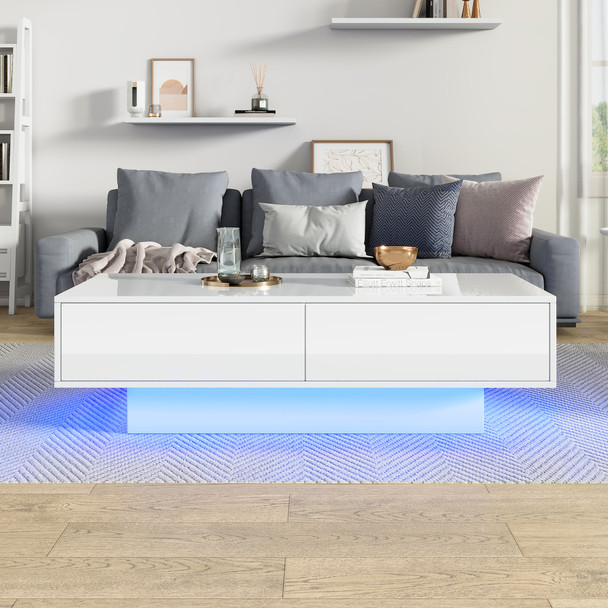 A modern LED coffee table with stylish storage, customizable lighting, and multifunctional design for any space.