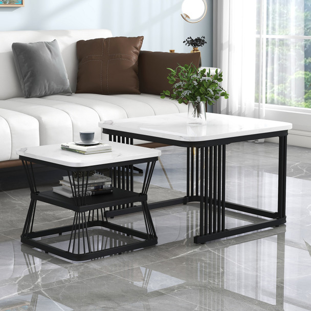 A set of 2 nesting coffee tables with marble-pattern tops and black metal frames, perfect for saving space and versatile use.