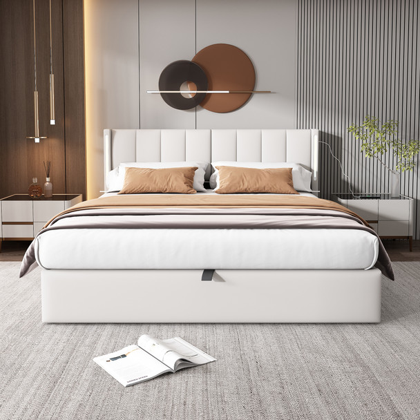 Modern LED upholstered hydraulic bed with USB, storage, and adjustable headboard.
