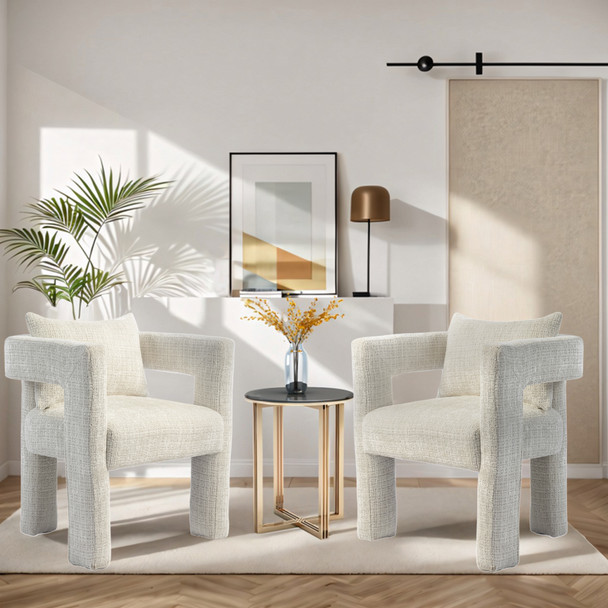 Modern chenille lounge chair with unique hollow armrests and comfort.