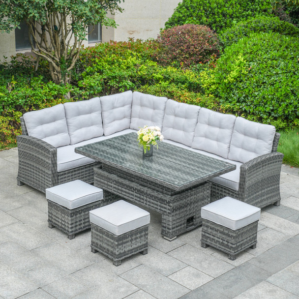 Premium 8-piece handwoven PE rattan patio set with rust-proof aluminum frame, waterproof cushions, and adjustable lift table.