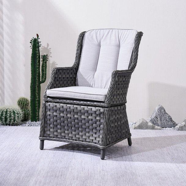 Outdoor wicker chair set with waterproof cushions and rustproof aluminum frame for lasting comfort.