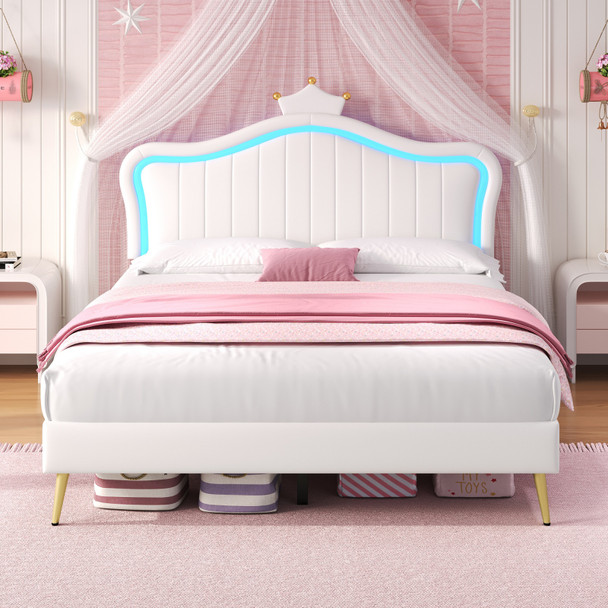 Upholstered Bed with LED Crown Headboard and PU Leather Frame