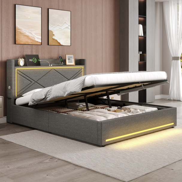 Upholstered Ottoman Bed with LED Lights, Hydraulic Storage & USB-C Ports
