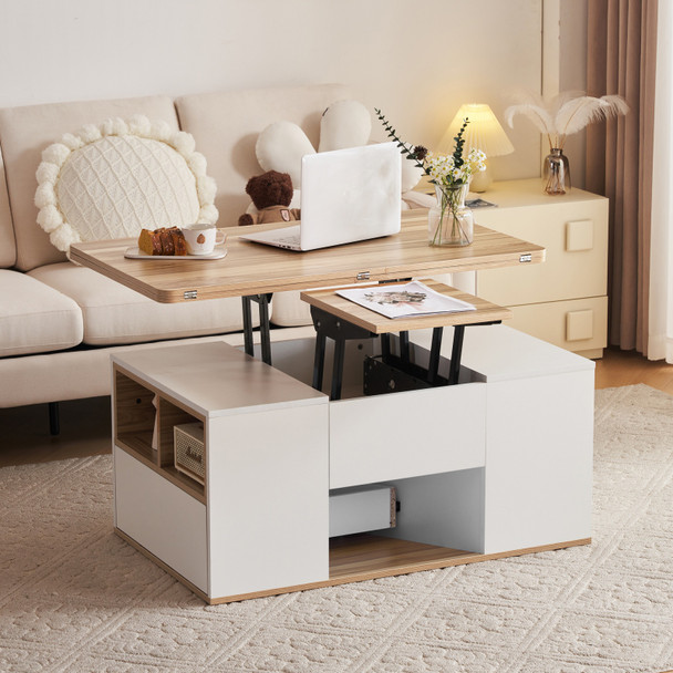 Lift Top Coffee Table with Storage in White and Oak Finish