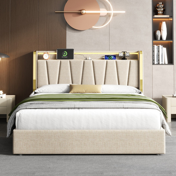 4ft6 Upholstered Bed with LED Headboard, Storage & USB-C Charging