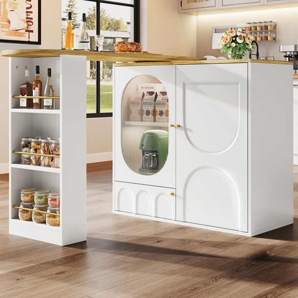 White 360° Rotating Bar Table with Storage Shelves and Kitchen Island