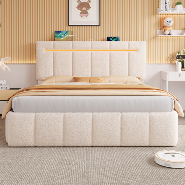 King Size Upholstered Storage Bed with LED Headboard & USB/Type-C Charging