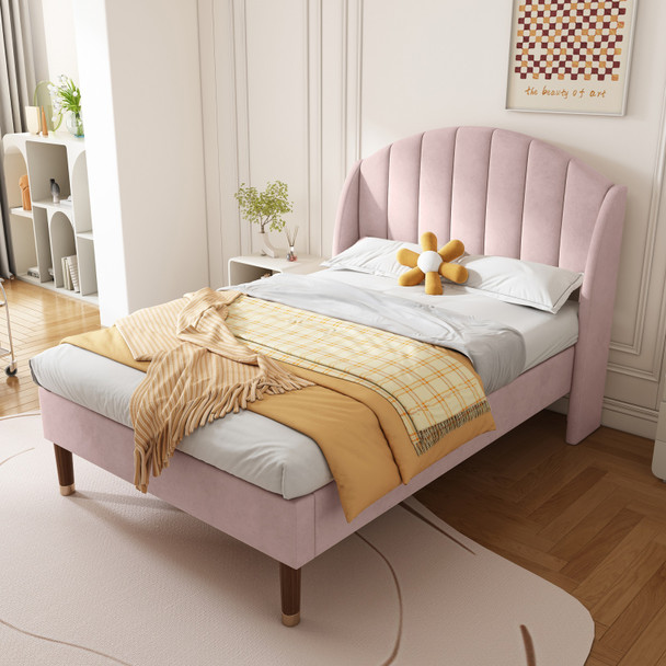 3FT Pink Velvet Single Bed with Headboard for Kids & Teens