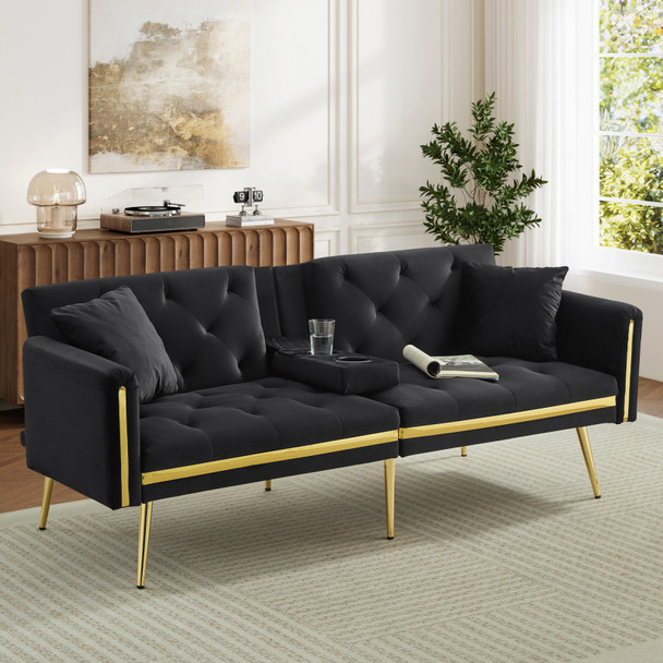 Modern Black Two-Seater Sofa Bed with Built-In Cup Holders Modern Black Two-Seater Sofa Bed with Built-In Cup Holders