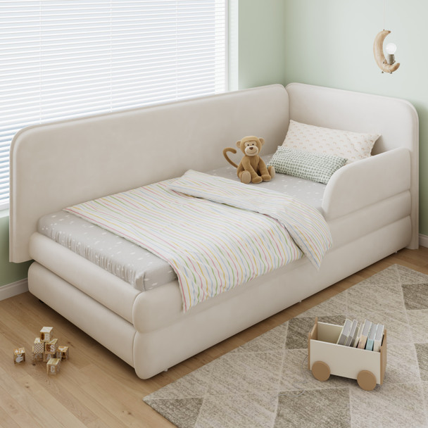 Velvet Upholstered Single Bed with Storage Drawer & Side Rails (90×190cm) Velvet Upholstered Single Bed with Storage Drawer & Side Rails (90×190cm)