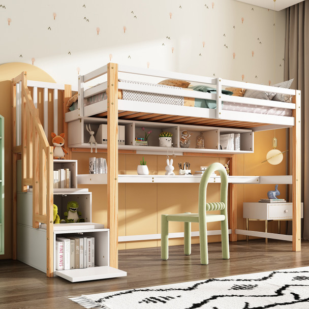 Solid Pine Loft Bunk Bed for Kids with Desk, Shelves & Storage Stairs