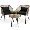 FastFurnishings 3 Piece Beige/Black Outdoor Weave Wicker Bistro w/ Tempered Glass Side Table Set 