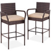 FastFurnishings Set of 2 Brown Indoor/Outdoor Wicker Bar Stools w/ 2 Tan Cushions 