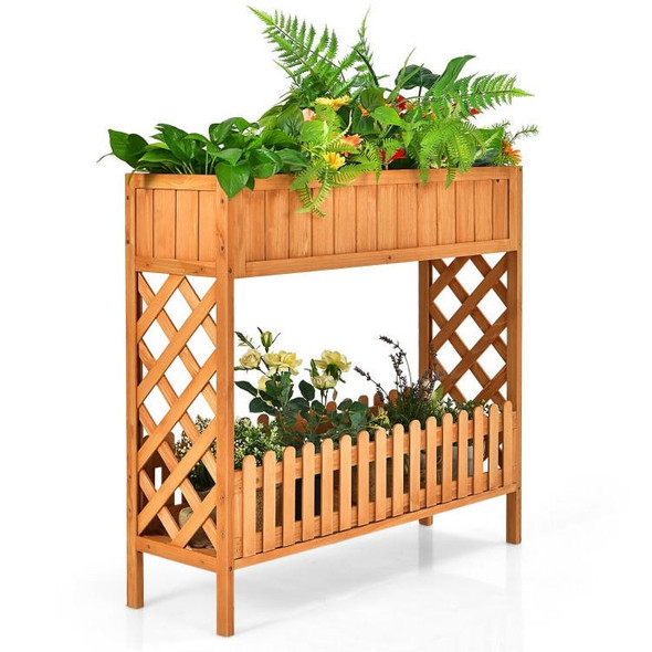 FastFurnishings 2 Tier Raised Garden Bed Elevated Fir Wood Planter Box 
