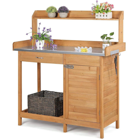 FastFurnishings Natural Fir Wood Potting Bench with Galvanized Steel Table Top 