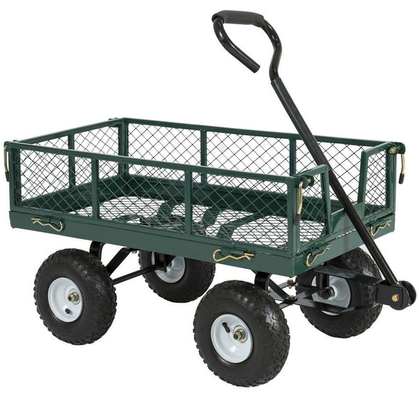 FastFurnishings Heavy Duty Green Steel Garden Utility Cart Wagon with Removable Sides 