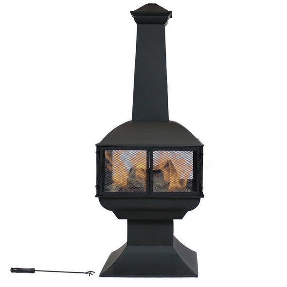 FastFurnishings Large Black Outdoor Steel Chimenea Wood Burning Fire Pit 