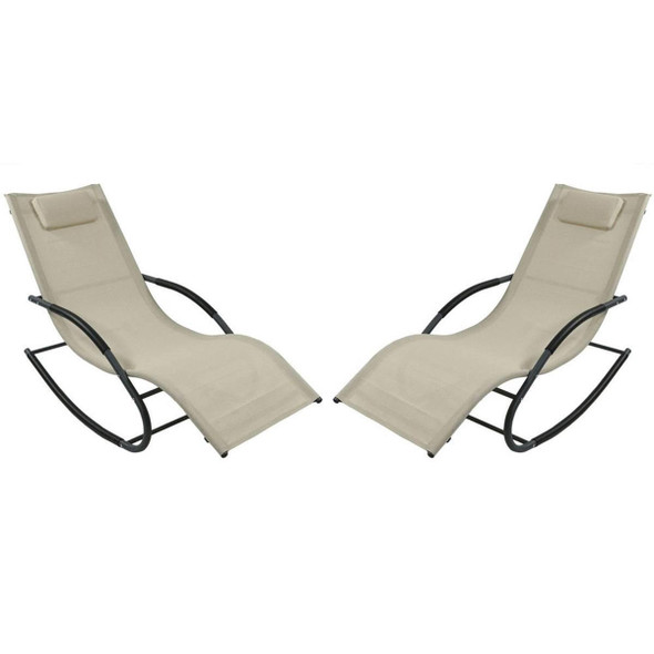 FastFurnishings Set of 2 Beige Rocking Chaise Lounger Patio Lounge Chair with Pillow 