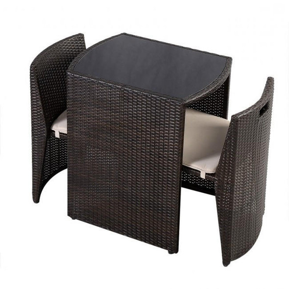 FastFurnishings 3 Piece Compact Espresso/White Wicker Patio Cushioned Outdoor Chair Table Set 