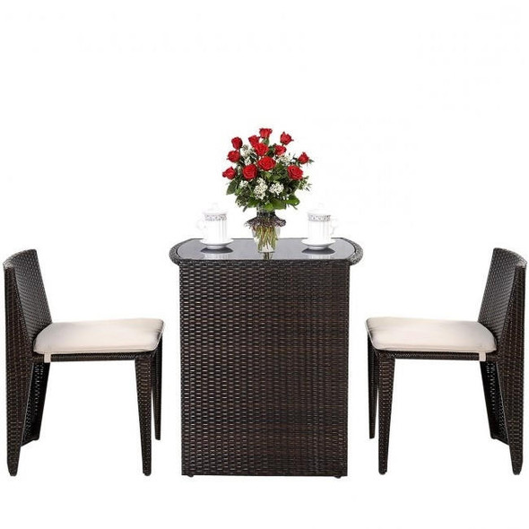 FastFurnishings 3 Piece Compact Espresso/White Wicker Patio Cushioned Outdoor Chair Table Set 