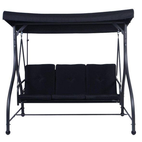 FastFurnishings Black Adjustable 3 Seat Cushioned Porch Patio Canopy Swing Chair 