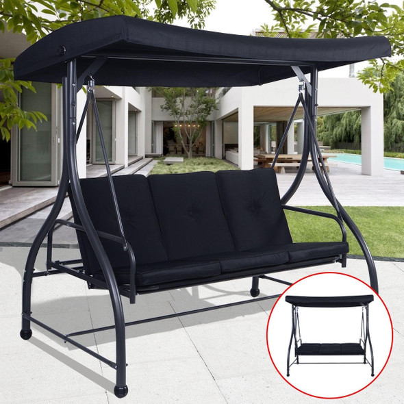 FastFurnishings Black Adjustable 3 Seat Cushioned Porch Patio Canopy Swing Chair 