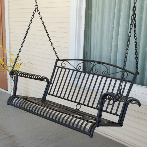 FastFurnishings Wrought Iron Outdoor Patio 4-Ft Porch Swing in Black 