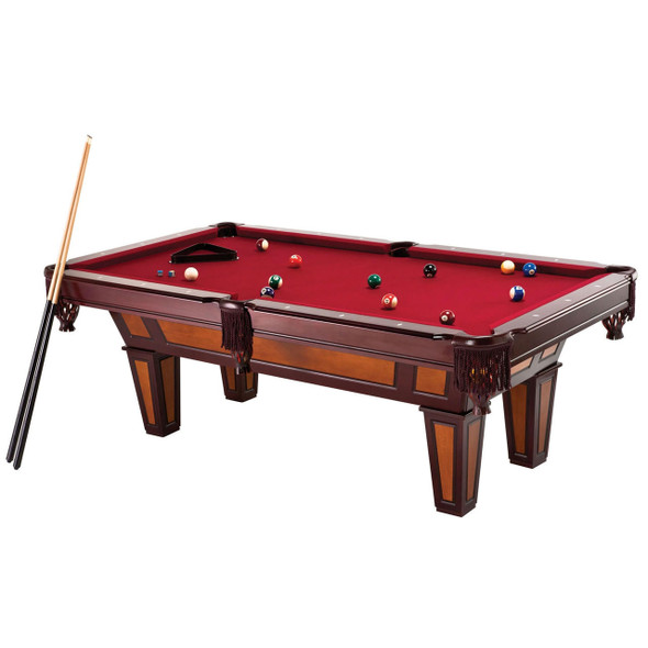 FastFurnishings 7 Ft Pool Table with Red Burgundy Wool Top and Fringe Drop Pockets 