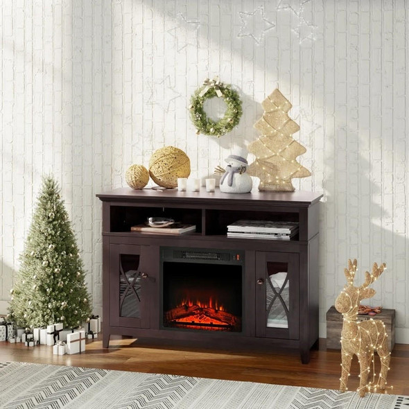 FastFurnishings Espresso Electric Fireplace Mantel TV Stand w/ Adjustable Shelves 2 Storage Cabinets 