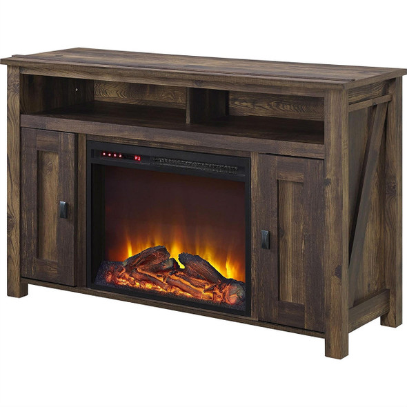 FastFurnishings 50-inch TV Stand in Medium Brown Wood with 1,500 Watt Electric Fireplace 