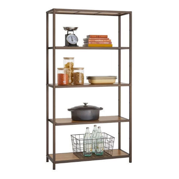 FastFurnishings Heavy Duty 5-Shelf Steel Frame Shelving Unit with Bamboo Shelves 