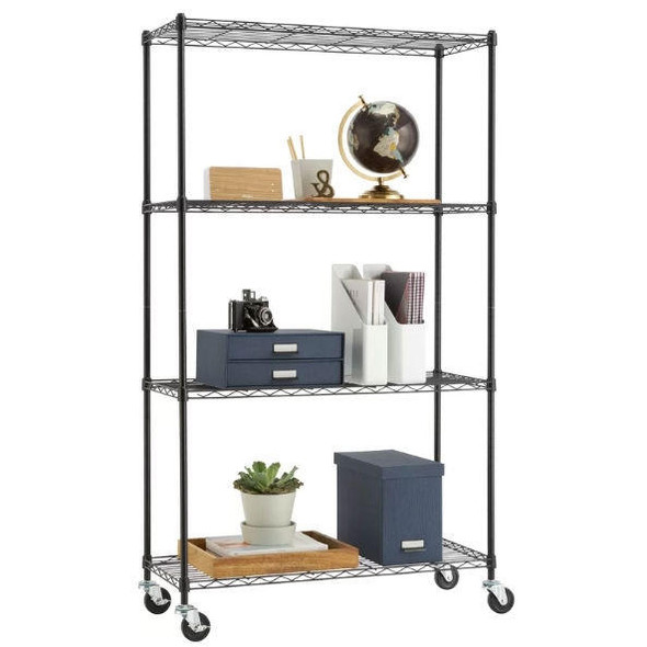 FastFurnishings Heavy Duty Black Steel 4-Tier Shelving Unit with Locking Casters 