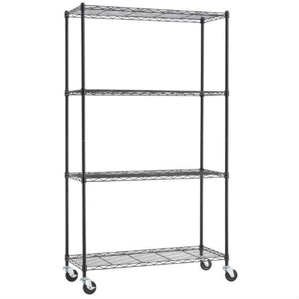 FastFurnishings Heavy Duty Black Steel 4-Tier Shelving Unit with Locking Casters 