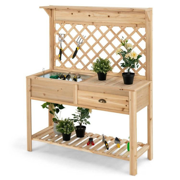 FastFurnishings Farmhouse Outdoor Garden Wooden Potting Bench with Storage Drawer and Trellis 