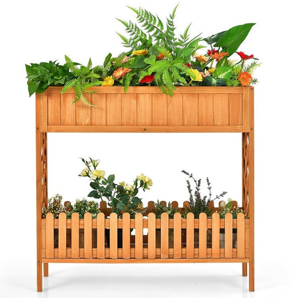 FastFurnishings 2 Tier Raised Garden Bed Elevated Fir Wood Planter Box 