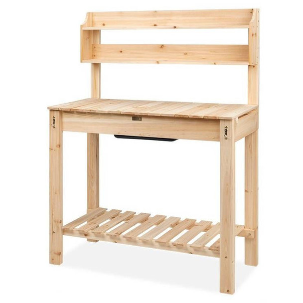 FastFurnishings Outdoor Garden Wood Potting Bench Expandable Top with Food Grade Plastic Sink 