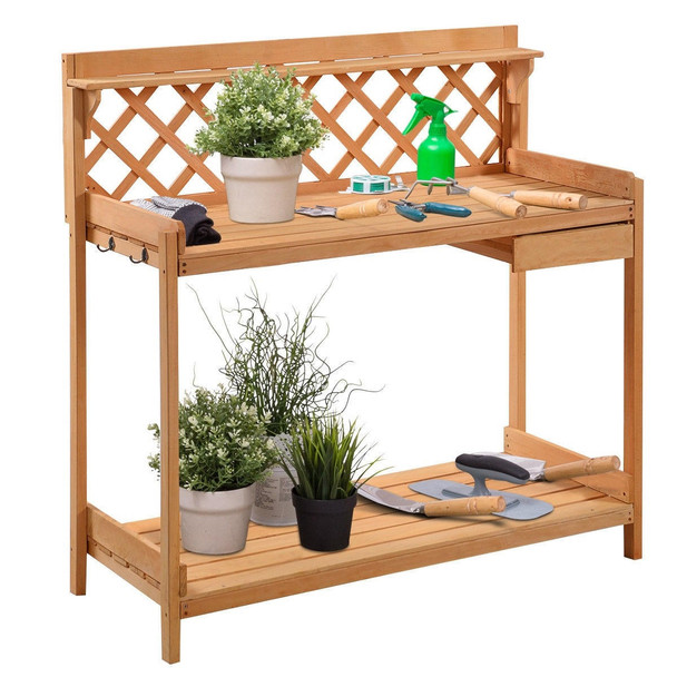 FastFurnishings Outdoor Home Garden Wooden Potting Bench with Storage Drawer 