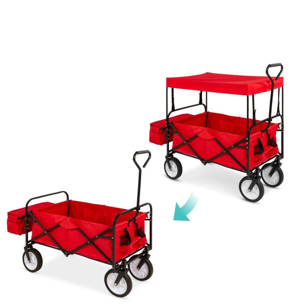 FastFurnishings Collapsible Utility Wagon Cart Indoor/Outdoor with Canopy - Red 