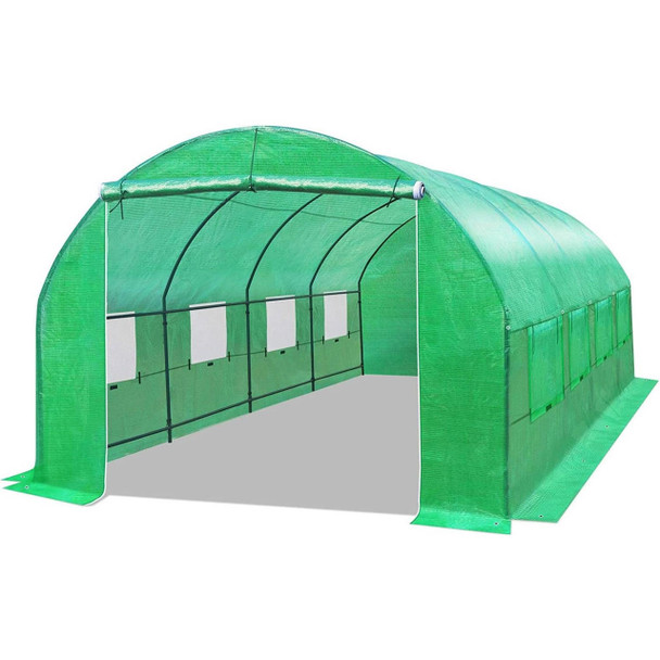 FastFurnishings Outdoor Greenhouse 10 x 20 x 7 Ft with Heavy Duty Steel Frame and Green PE Cover 