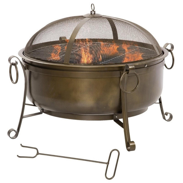 FastFurnishings Large Wood Burning Fire Pit Cauldron Style Steel Bowl w/ BBQ Grill, Log Poker, and Mesh Screen Lid 