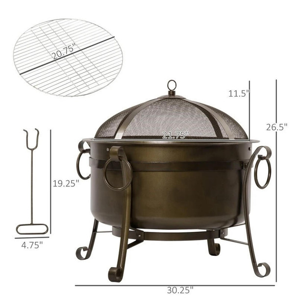 FastFurnishings Outdoor Wood Burning Fire Pit Cauldron Style Steel Bowl w/ BBQ Grill, Log Poker, and Mesh Screen Lid 