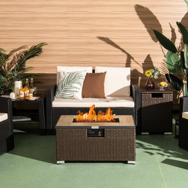 FastFurnishings Outdoor Propane Fire Pit with Side Table Tank Holder in Brown PE Rattan 