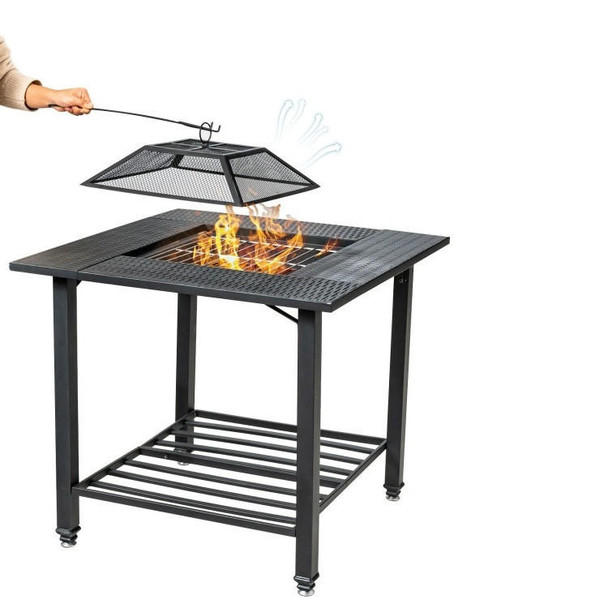 FastFurnishings 4 in 1 Square Fire Pit, Grill Cooking BBQ Grate, Ice Bucket, Dining Table 