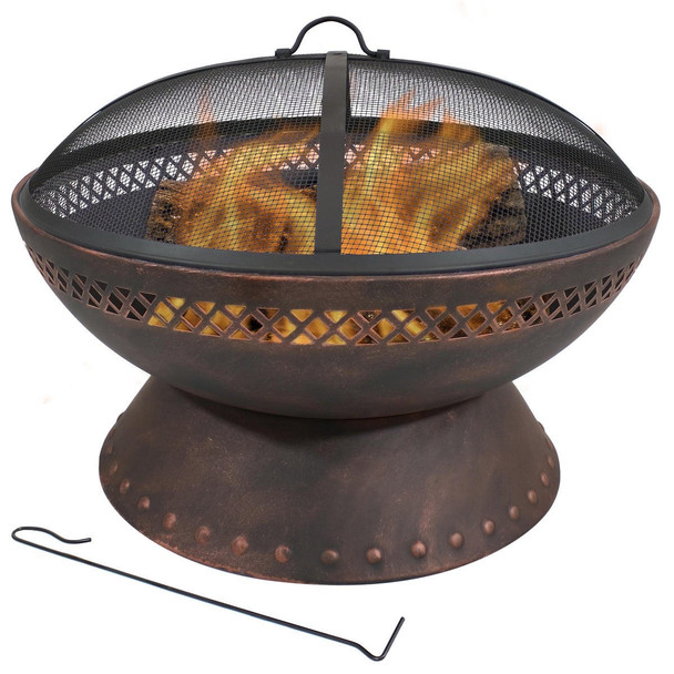 FastFurnishings 25 Inch Copper Chalice Steel Fire Pit with Spark Screen 