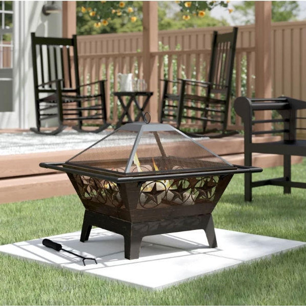 FastFurnishings Square Outdoor Steel Wood Burning Fire Pit with Star Design 