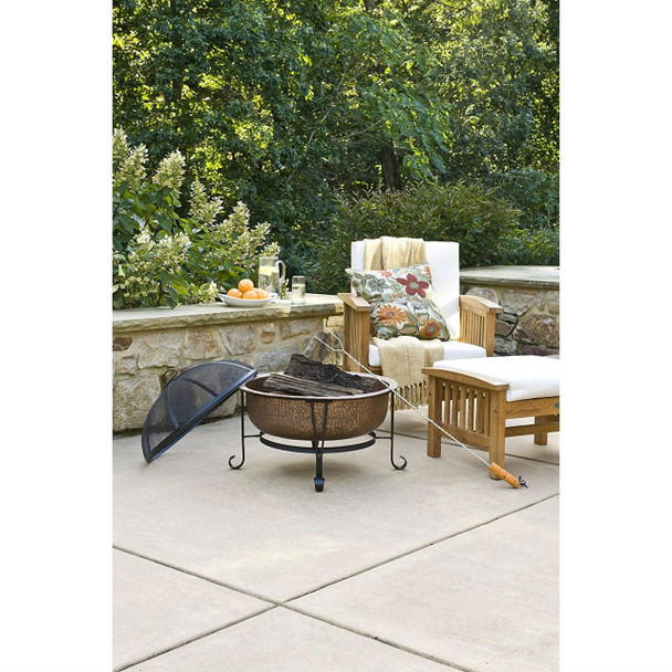 FastFurnishings Hammered Copper Fire Pit with Heavy Duty Spark Guard Cover and Stand 