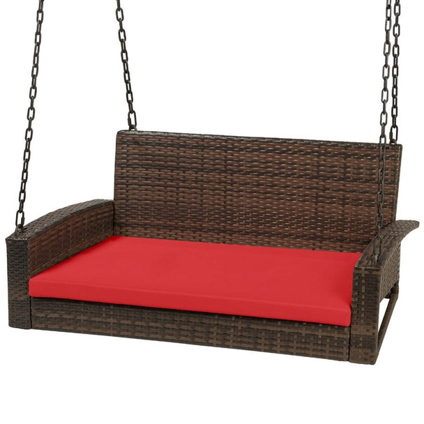 FastFurnishings Brown Wicker Hanging Patio Porch Swing Bench w/ Mounting Chains and Red Seat Cushion 